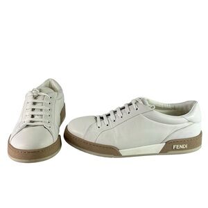 FENDI FF White Beige Leather Match Low Top Men's Sneakers 9UK - 10US